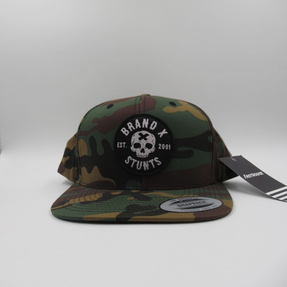 Fasthouse Brand X Stunts Camo Snapback Hat Mens Skull Patch Woodland Camouflage